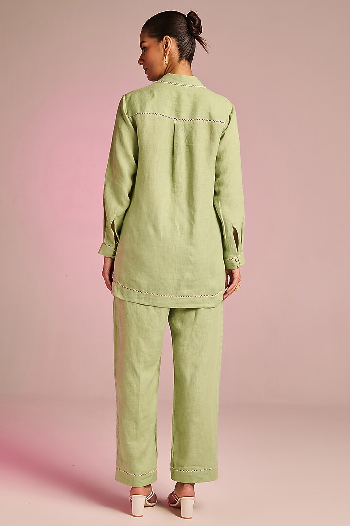 Mint Green Cotton Linen Floral Embroidered Shirt by Kalista at Pernia's Pop Up Shop