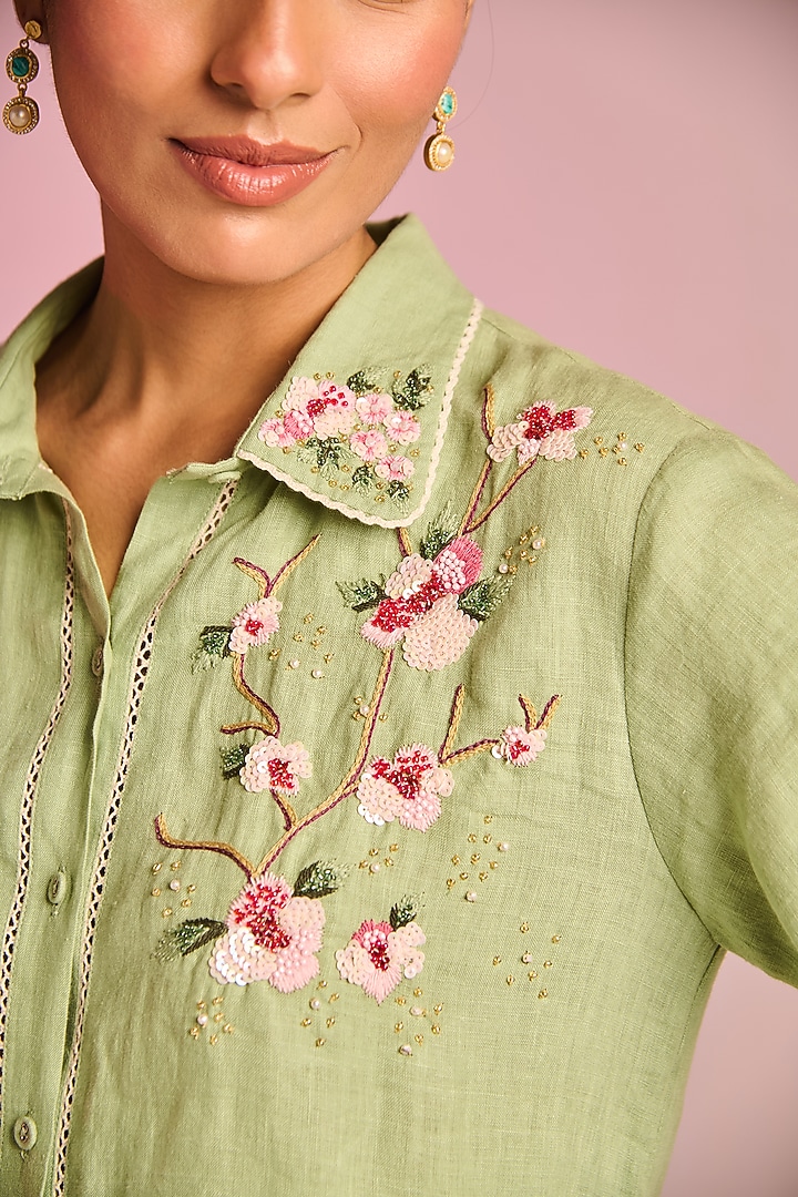 Mint Green Cotton Linen Floral Embroidered Shirt by Kalista at Pernia's Pop Up Shop