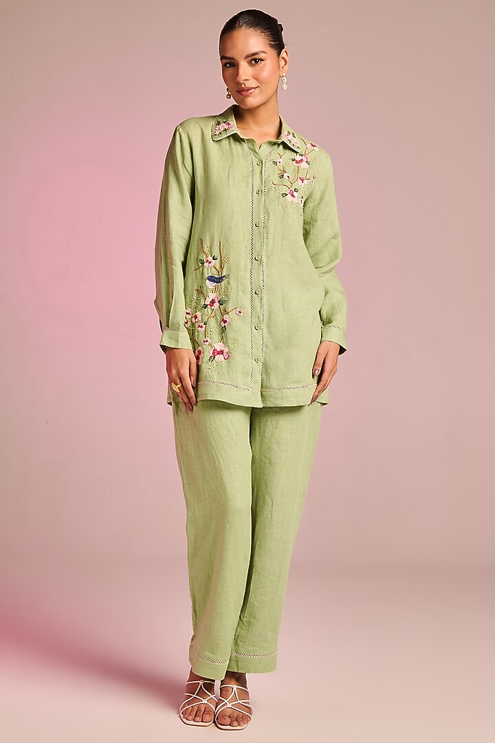 Mint Green Cotton Linen Floral Embroidered Shirt by Kalista at Pernia's Pop Up Shop