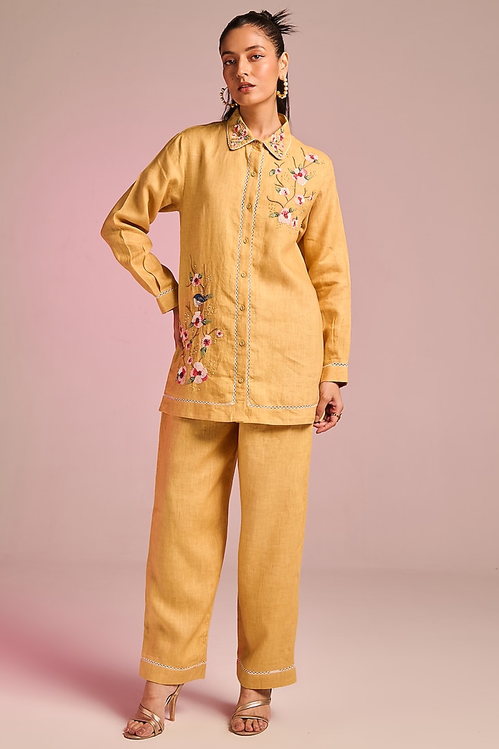 Mustard Yellow Cotton Linen Floral Embroidered Shirt by Kalista at Pernia's Pop Up Shop