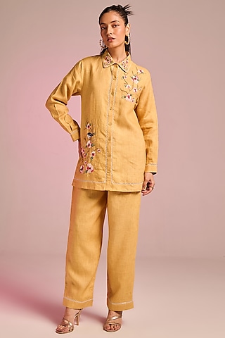 Mustard Yellow Cotton Linen Floral Embroidered Shirt by Kalista
