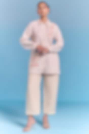 Off-White Cotton Linen Floral Embroidered Shirt by Kalista at Pernia's Pop Up Shop