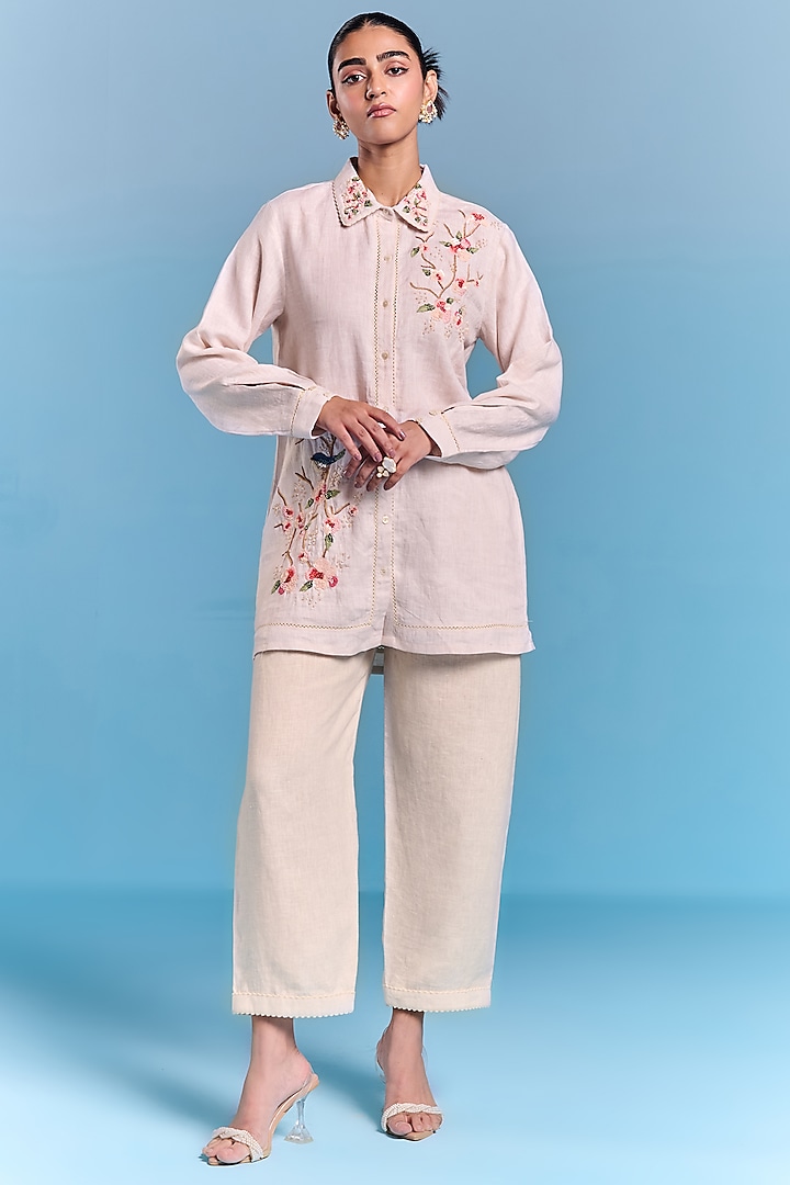 Off-White Cotton Linen Floral Embroidered Shirt by Kalista at Pernia's Pop Up Shop