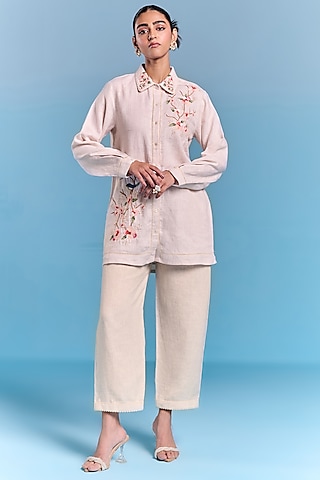 Off-White Cotton Linen Floral Embroidered Shirt by Kalista