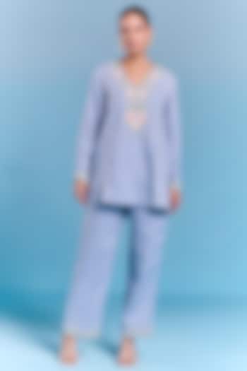 Powder Blue Cotton Linen Floral Embroidered Top by Kalista at Pernia's Pop Up Shop