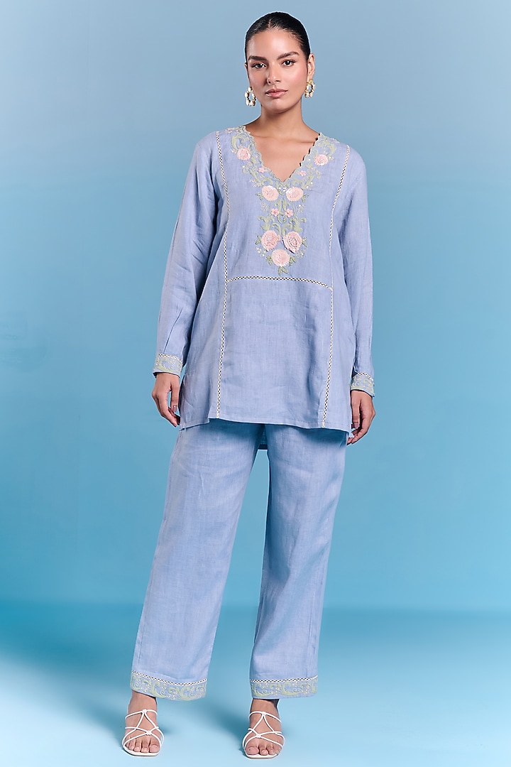 Powder Blue Cotton Linen Floral Embroidered Top by Kalista at Pernia's Pop Up Shop