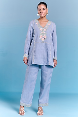 Powder Blue Cotton Linen Floral Embroidered Top by Kalista