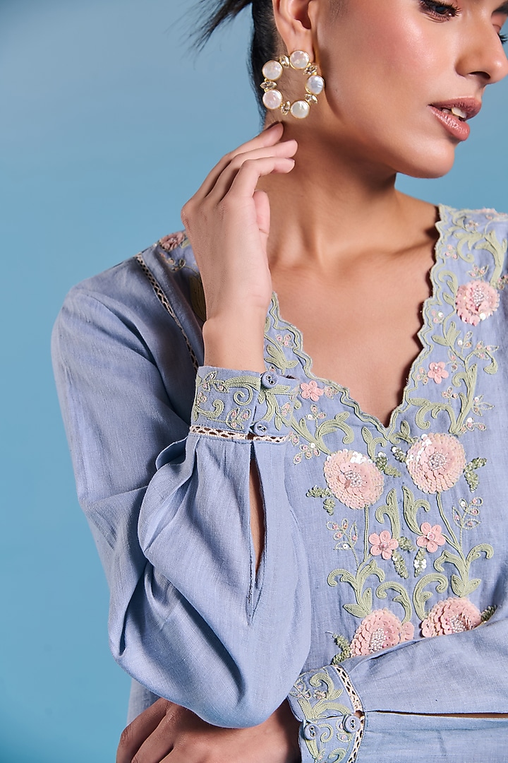 Powder Blue Cotton Linen Floral Embroidered Top by Kalista at Pernia's Pop Up Shop