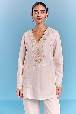 Off-White Cotton Linen Floral Embroidered Top by Kalista