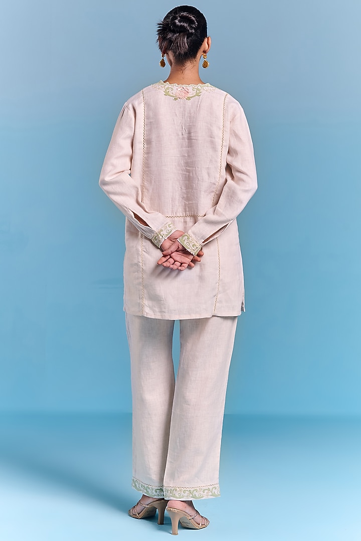 Off-White Cotton Linen Floral Embroidered Top by Kalista at Pernia's Pop Up Shop