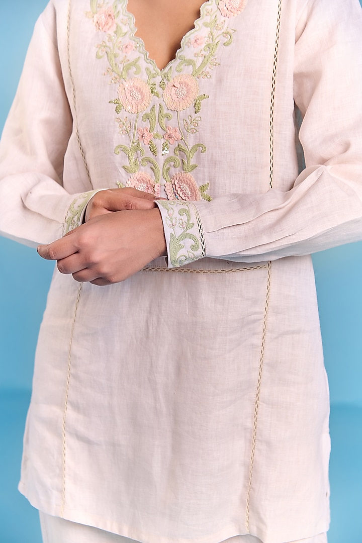 Off-White Cotton Linen Floral Embroidered Top by Kalista at Pernia's Pop Up Shop