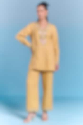 Amber Yellow Cotton Linen Floral Embroidered Top by Kalista at Pernia's Pop Up Shop