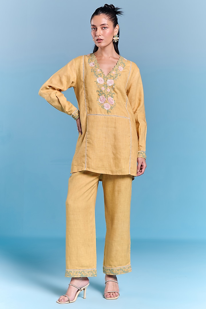 Amber Yellow Cotton Linen Floral Embroidered Top by Kalista at Pernia's Pop Up Shop