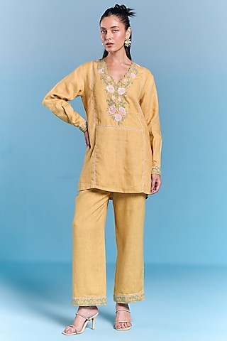 Amber Yellow Cotton Linen Floral Embroidered Top by Kalista