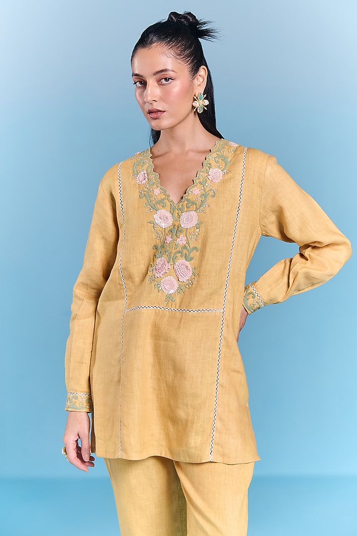 Amber Yellow Cotton Linen Floral Embroidered Top by Kalista at Pernia's Pop Up Shop