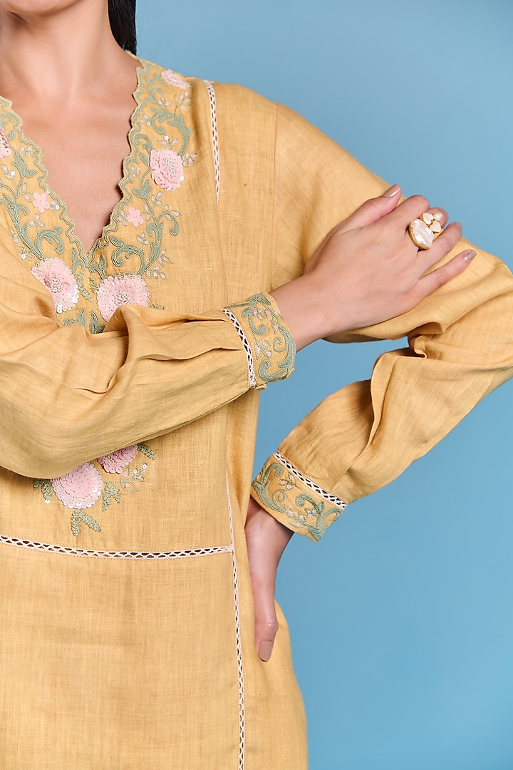 Amber Yellow Cotton Linen Floral Embroidered Top by Kalista at Pernia's Pop Up Shop