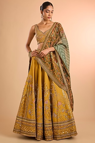 Yellow Raw Silk Lehenga Set by Kalista