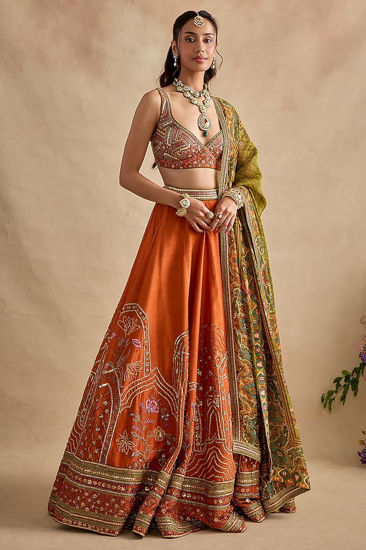 Tangerine Raw Silk Hand Embroidered Wedding Lehenga Set by Kalista at Pernia's Pop Up Shop