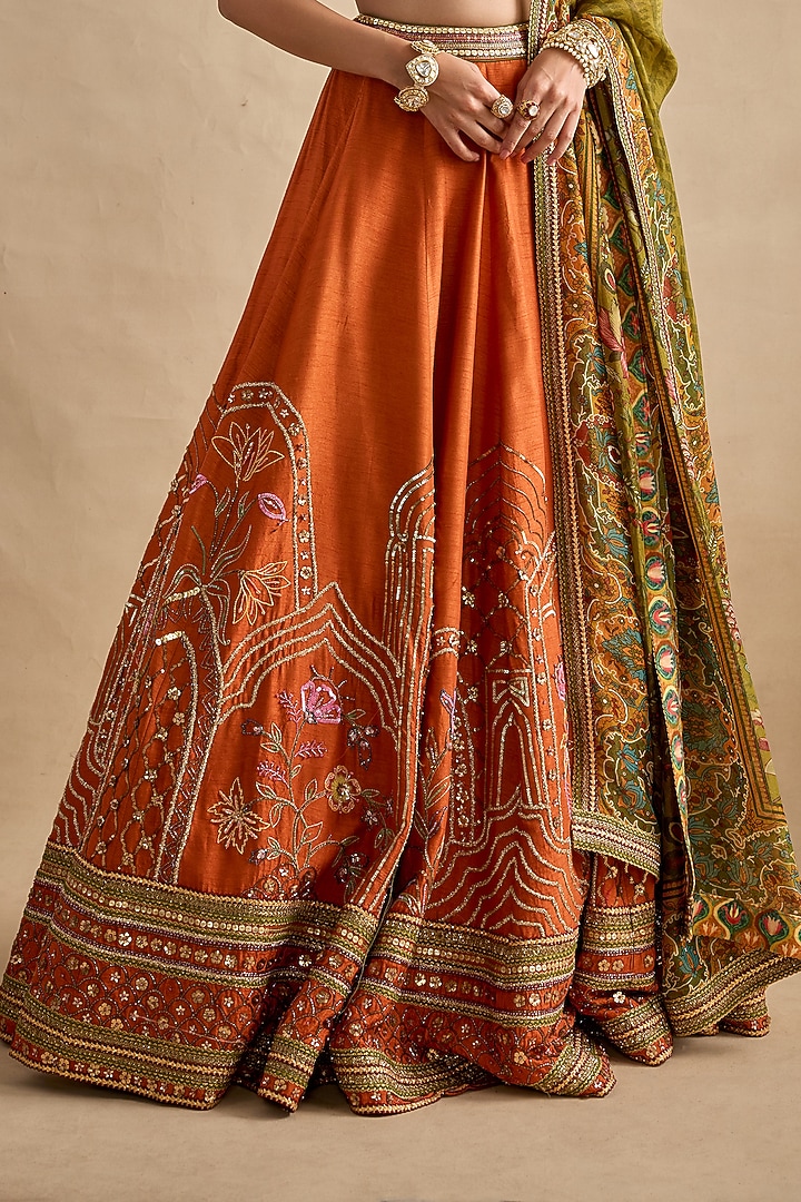 Tangerine Raw Silk Hand Embroidered Wedding Lehenga Set by Kalista at Pernia's Pop Up Shop
