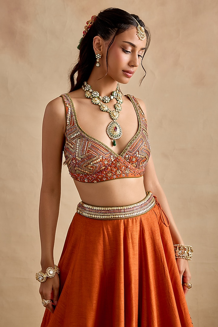 Tangerine Raw Silk Hand Embroidered Wedding Lehenga Set by Kalista at Pernia's Pop Up Shop