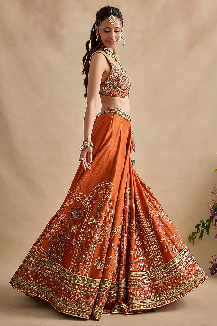 Tangerine Raw Silk Hand Embroidered Wedding Lehenga Set by Kalista at Pernia's Pop Up Shop