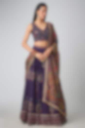 Russian Violet Dola Silk Embroidered Wedding Lehenga Set by Kalista at Pernia's Pop Up Shop