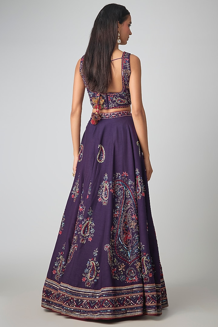 Russian Violet Dola Silk Embroidered Wedding Lehenga Set by Kalista at Pernia's Pop Up Shop