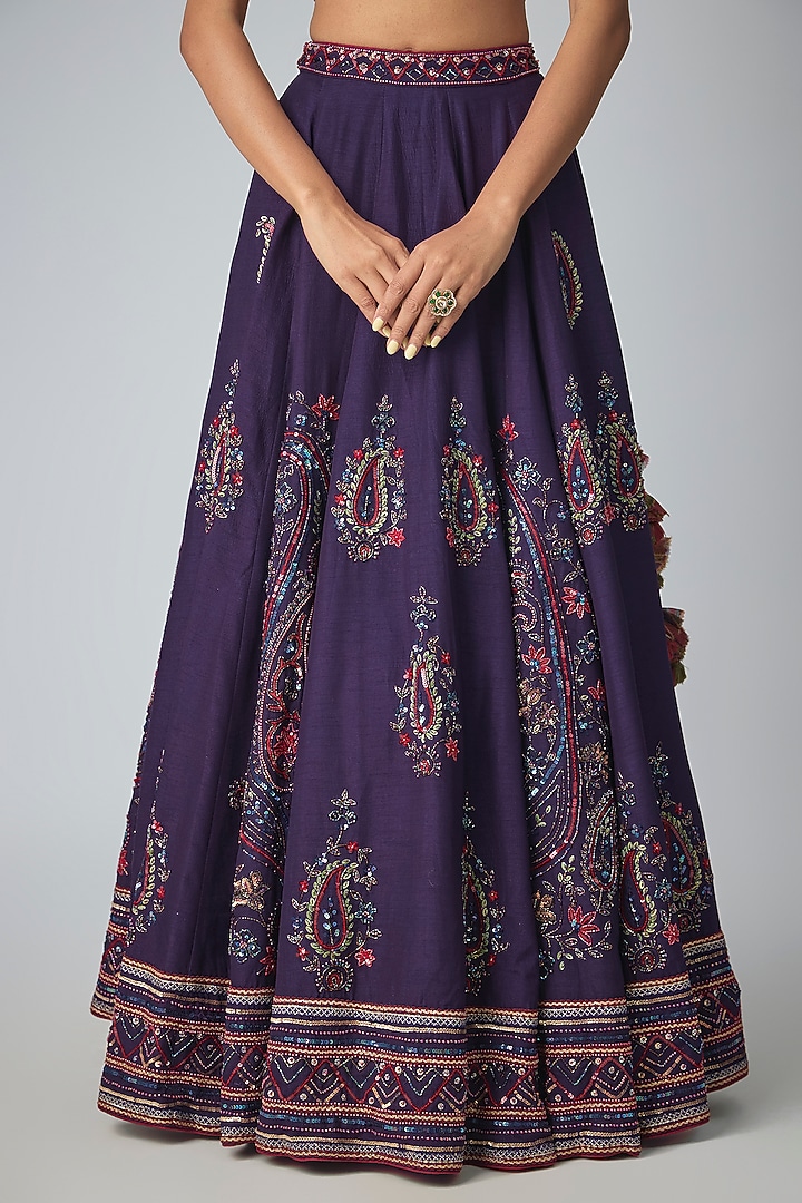Russian Violet Dola Silk Embroidered Wedding Lehenga Set by Kalista at Pernia's Pop Up Shop