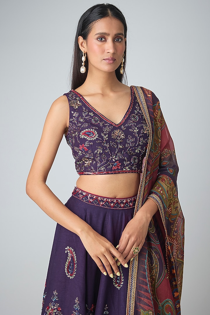 Russian Violet Dola Silk Embroidered Wedding Lehenga Set by Kalista at Pernia's Pop Up Shop