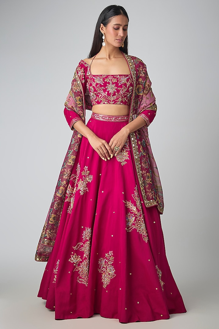 Magenta Dola Silk Embroidered Wedding Lehenga Set by Kalista at Pernia's Pop Up Shop