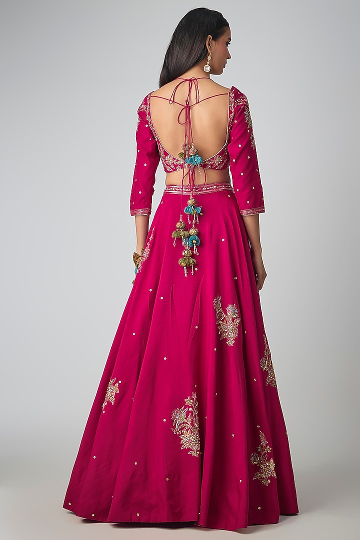 Magenta Dola Silk Embroidered Wedding Lehenga Set by Kalista at Pernia's Pop Up Shop