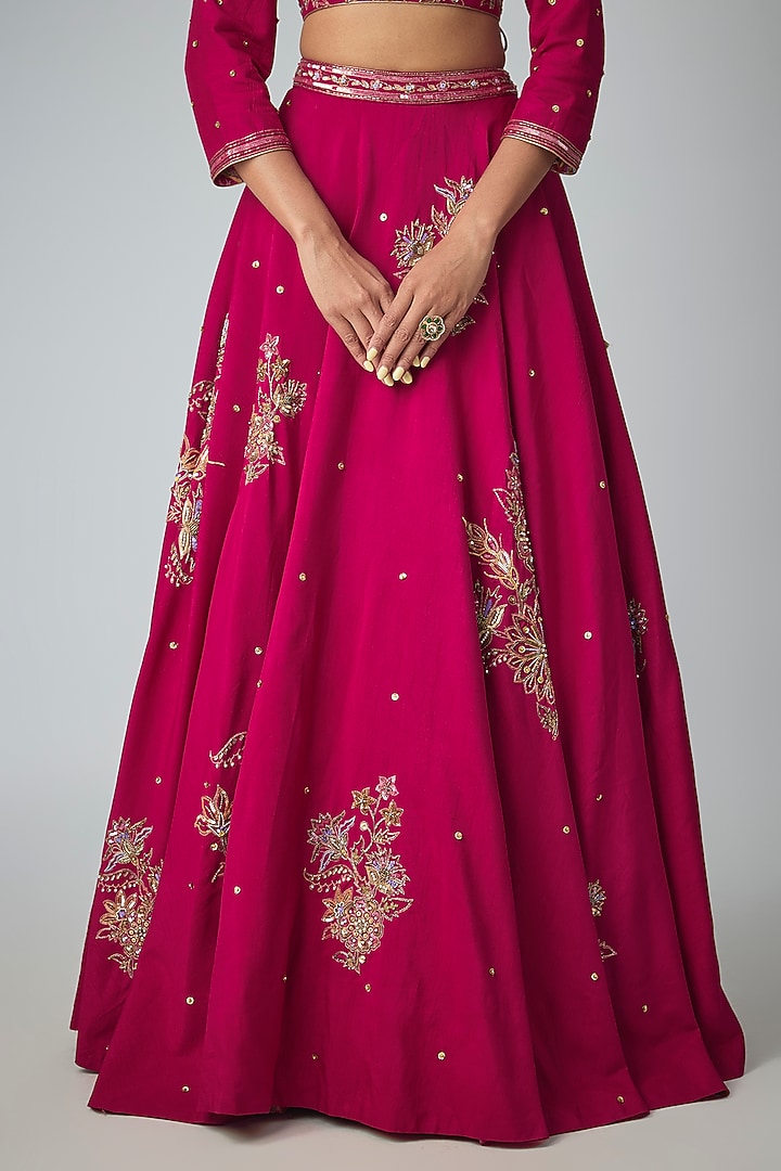Magenta Dola Silk Embroidered Wedding Lehenga Set by Kalista at Pernia's Pop Up Shop