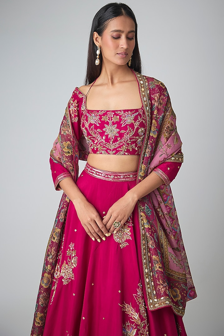 Magenta Dola Silk Embroidered Wedding Lehenga Set by Kalista at Pernia's Pop Up Shop