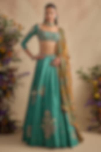Sea Green Viscose Silk Sequin Hand Embroidered Wedding Lehenga Set by Kalista at Pernia's Pop Up Shop