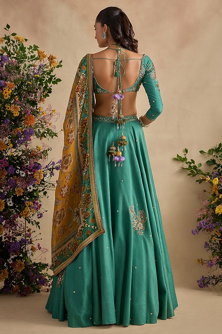 Sea Green Viscose Silk Sequin Hand Embroidered Wedding Lehenga Set by Kalista at Pernia's Pop Up Shop