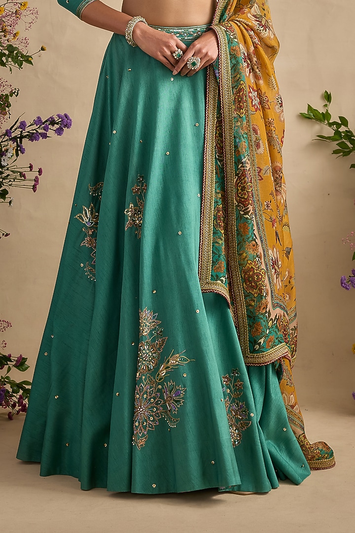 Sea Green Viscose Silk Sequin Hand Embroidered Wedding Lehenga Set by Kalista at Pernia's Pop Up Shop