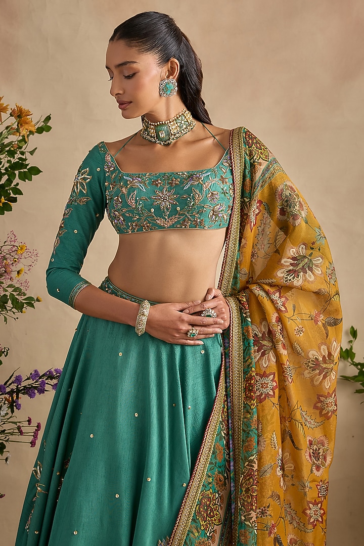 Sea Green Viscose Silk Sequin Hand Embroidered Wedding Lehenga Set by Kalista at Pernia's Pop Up Shop