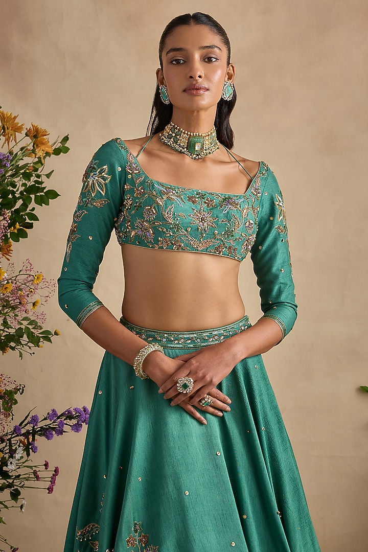 Sea Green Viscose Silk Sequin Hand Embroidered Wedding Lehenga Set by Kalista at Pernia's Pop Up Shop