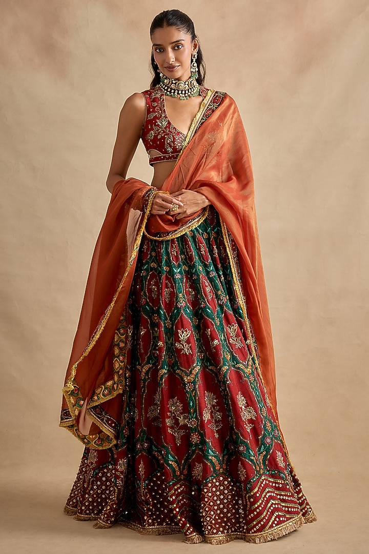 Green Viscose Silk Sequin & Bead Hand Embroidered Wedding Lehenga Set by Kalista at Pernia's Pop Up Shop
