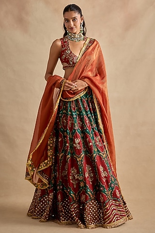 Green Viscose Silk Sequin & Bead Hand Embroidered Lehenga Set by Kalista