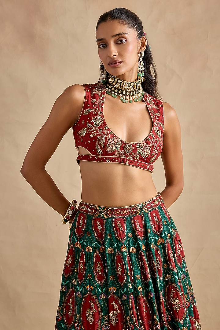 Green Viscose Silk Sequin & Bead Hand Embroidered Wedding Lehenga Set by Kalista at Pernia's Pop Up Shop
