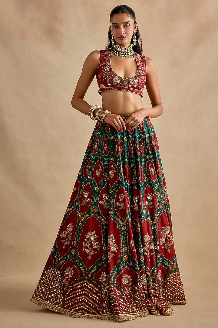 Green Viscose Silk Sequin & Bead Hand Embroidered Wedding Lehenga Set by Kalista at Pernia's Pop Up Shop