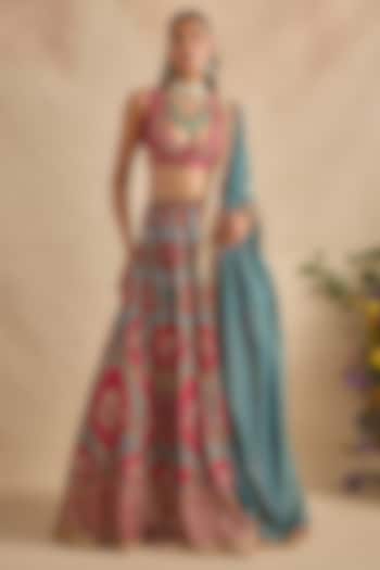 Magenta Viscose Silk Printed & Embroidered Wedding Lehenga Set by Kalista at Pernia's Pop Up Shop