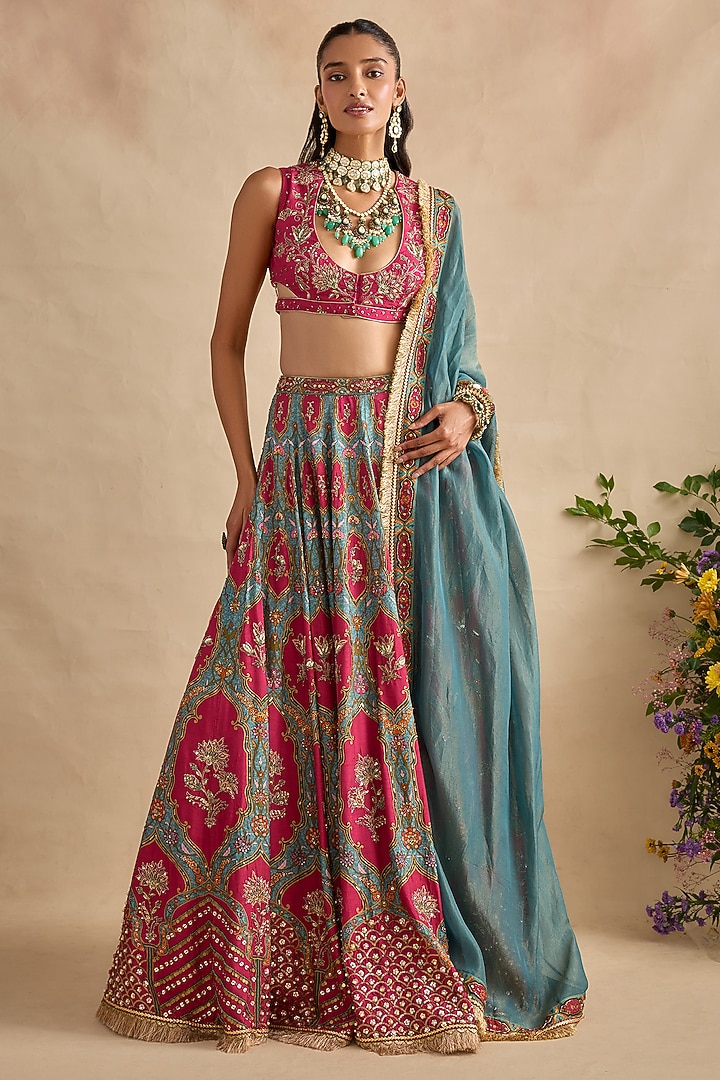 Magenta Viscose Silk Printed & Embroidered Wedding Lehenga Set by Kalista at Pernia's Pop Up Shop