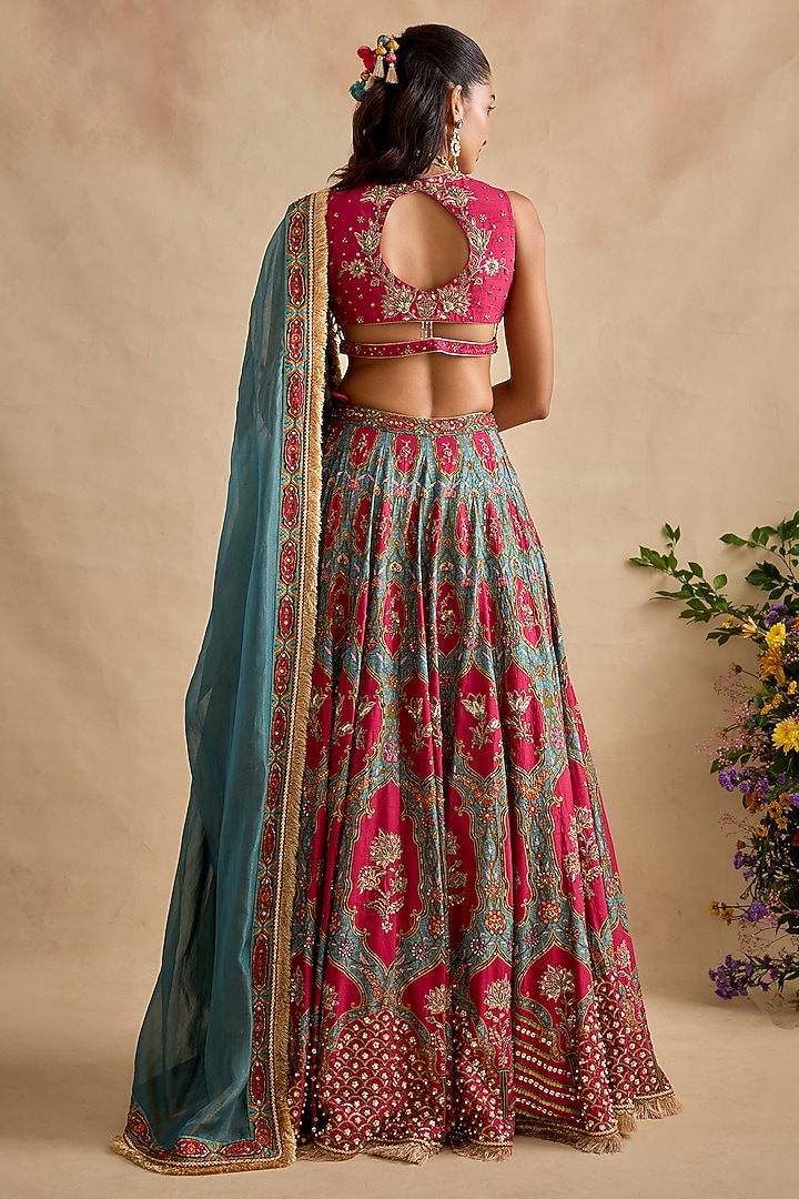 Magenta Viscose Silk Printed & Embroidered Wedding Lehenga Set by Kalista at Pernia's Pop Up Shop