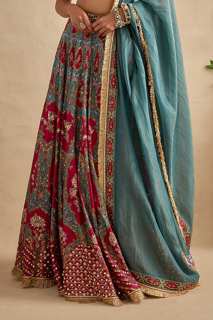 Magenta Viscose Silk Printed & Embroidered Wedding Lehenga Set by Kalista at Pernia's Pop Up Shop