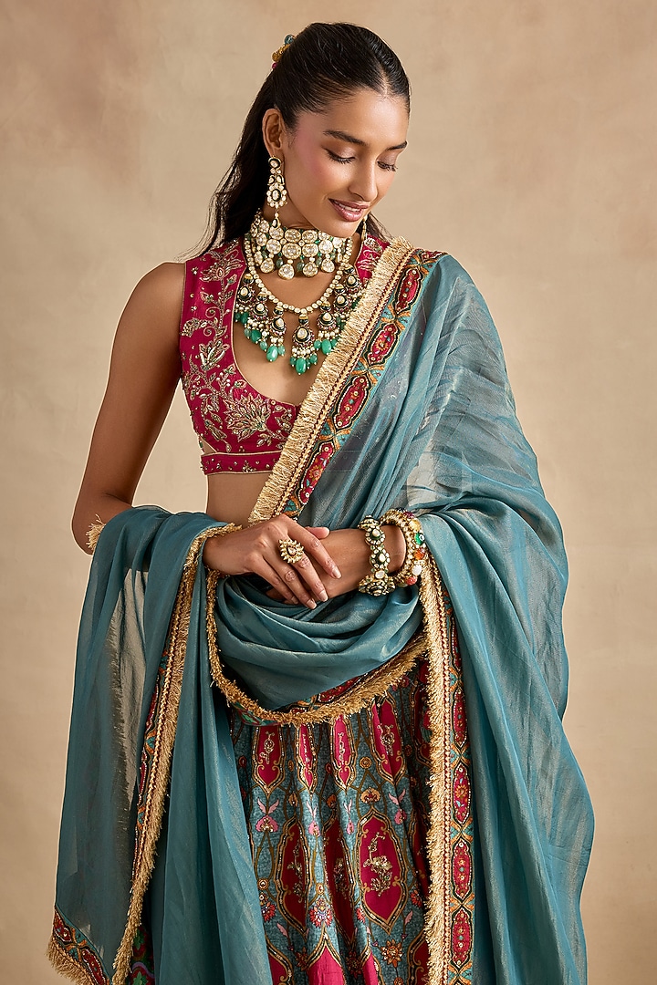 Magenta Viscose Silk Printed & Embroidered Wedding Lehenga Set by Kalista at Pernia's Pop Up Shop