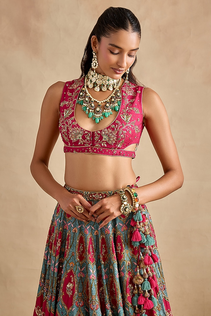 Magenta Viscose Silk Printed & Embroidered Wedding Lehenga Set by Kalista at Pernia's Pop Up Shop