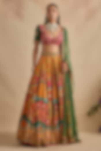 Multi-Colored Dola Silk Printed & Embroidered Wedding Lehenga Set by Kalista at Pernia's Pop Up Shop