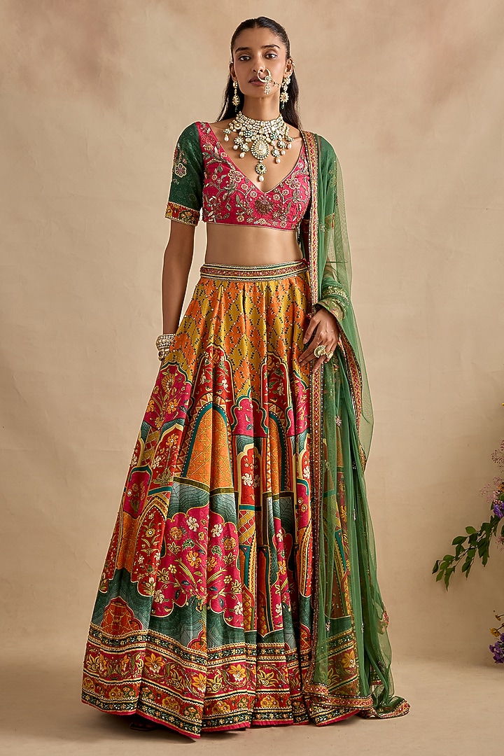 Multi-Colored Dola Silk Printed & Embroidered Wedding Lehenga Set by Kalista at Pernia's Pop Up Shop